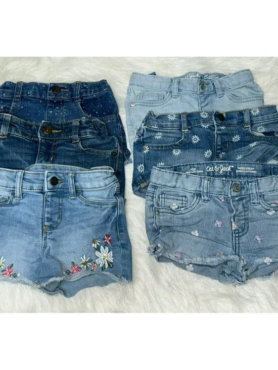 Girls 4T Denim Shorts LOT of 6 Stretch Adjustable Waist Shorts Assorted Brands - Picture 1 of 3